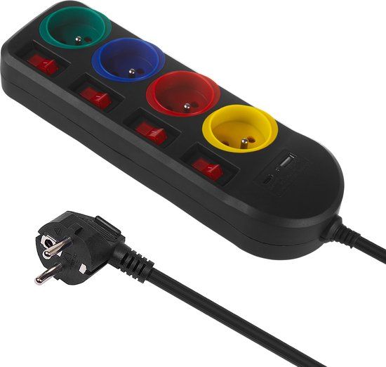 Maclean MCE508 B - 4-voudige stekkerdoos met USB A/C, 1.5m, Zwart