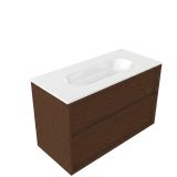 Saniclass Holz Frame Badkamermeubelset - 100x45x73.9cm - Chaci keramische wastafel wit - 1 wasbak - zonder kraangat - 2 lades - mat walnut pure