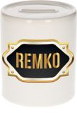 Shoppartners Bv Tirelire avec prénom Remko - blanc - avec emblème or/noir - 8 x 9 cm - céramique - avec bouchon - cadeau anniversaire