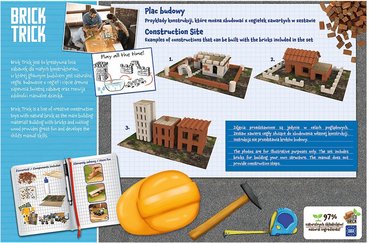 Trefl - Brick Trick: Bouwplaats/Construction Site - Bouw met bakstenen, EKO blokken van echte baksteen, 290 bakstenen, Herbruikbaar, Creatieve set voor kinderen vanaf 6 jaar