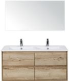 BES LED Porto Badmeubelset 120 cm - 4 Laden Natuur Eiken - Keramische Wastafel Wit Slim met Spiegel