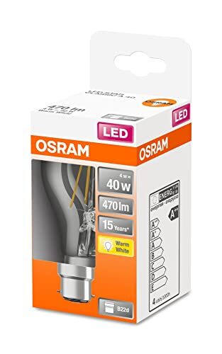 OSRAM Lamps OSRAM LED lamp, Base: B22d, Warm wit, 2700 K, 4 W, vervanging voor 40 W gloeilamp, helder, LED Retrofit CLASSIC A 1 pak