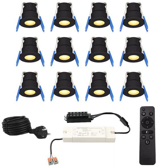 HOFTRONIC Set van 12 12V 3W Mini LED Inbouwspots Zwart Dimbaar Verzonken Verandaverlichting IP65 2700K Warm Wit