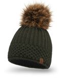Vivisence Dames Wintermuts - Zachte Gebreide Muts Met Omgeslagen Rand Pompon Van Kunstbont En Warme Fleecevoering - Comfortabele Pasvorm En Betrouwbare Warmte Tijdens Koude Dagen Buiten - Groen