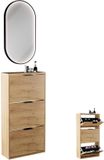 Planetmöbel STIVIO Schoenenkast 60 cm 3 Kleppen Goud Eiken LED Spiegel