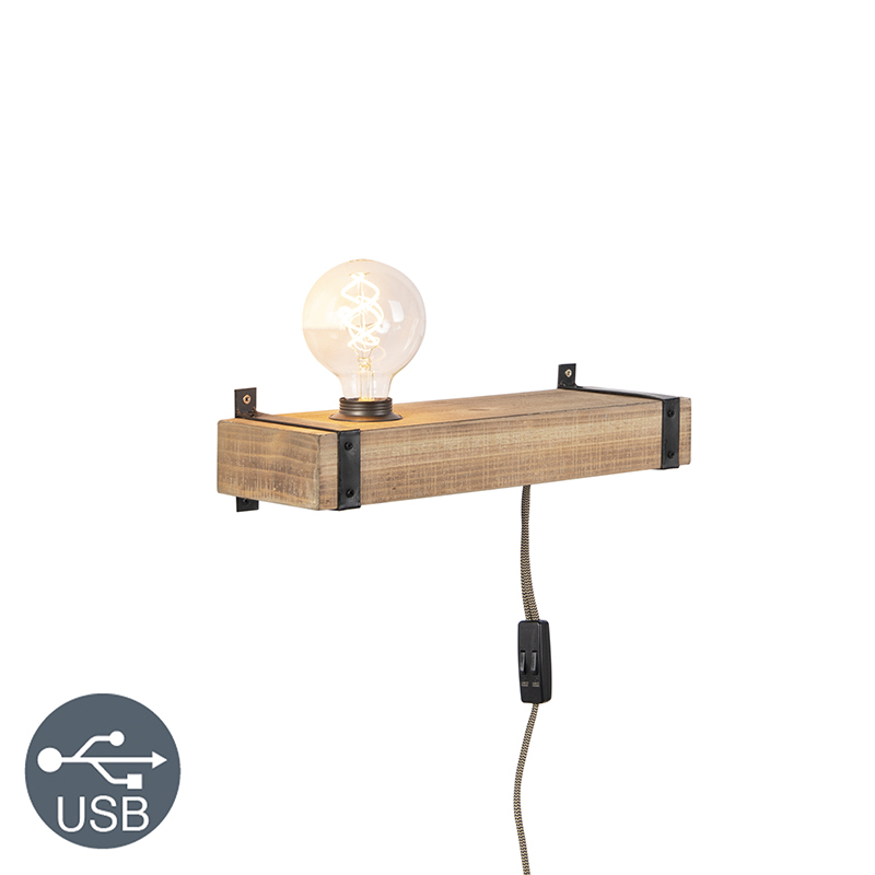 QAZQA Industriele wandlamp hout USB - Reena
