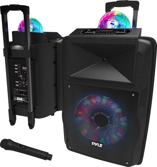 Pyle Bluetooth Luidsprekersysteem – Draagbaar Speaker met Wielen-700 W- Draadloos Luidspreker en Microfoonset met Bluetooth- MP3-USB -Micro SD- FM Radio-DJ-Verlichting