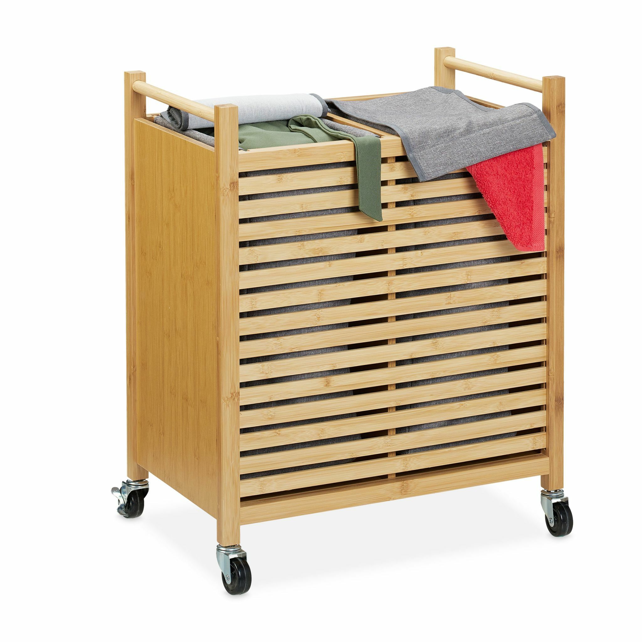 Merkloos Relaxdays Wassorteerder - Bamboe - 2 Vakken - Met Wielen