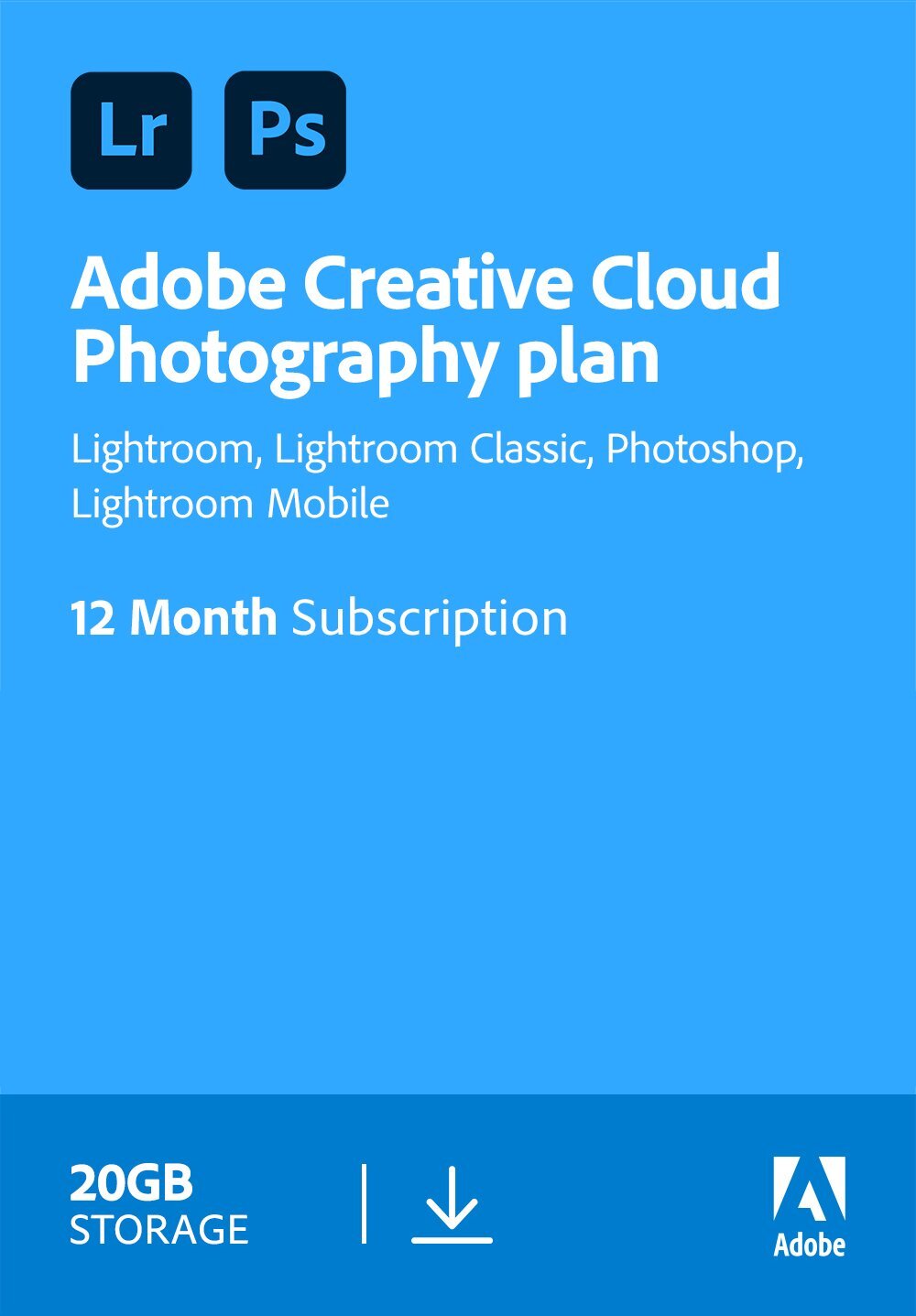 Adobe Photography Plan (Photoshop CC + Lightroom CC) | 1 Gebruiker | 1Jaar | 20GB cloudopslag