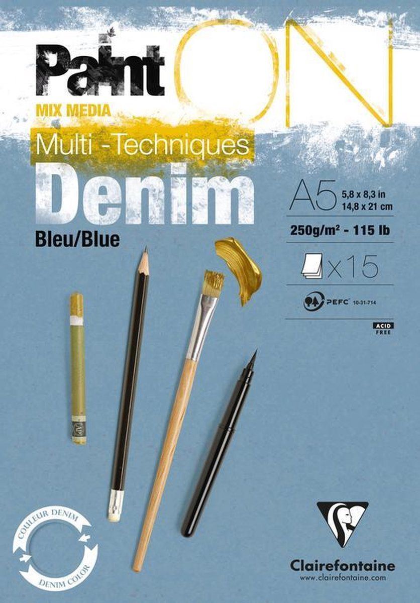 Clairefontaine Paint On mixed media blok A5 denim blauw 15 vel