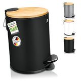 Exitoso Kleine Badkamerafvalbak Zwart - 3L Cosmetica Bamboe Antislip - RVS Pedaalemmer Badkamer met Soft-Close Deksel