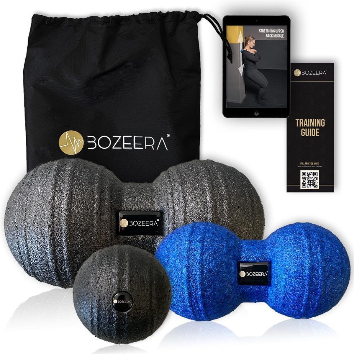 BOZEERA© MASSAGEBAL 8CM / DUOBALL MASSAGEBAL 12CM / DUOBALL MASSAGEBAL 8CM - Triggerpoint Bal Set / Peanut Ball Set – Incl. GRATIS Video-handleiding, Poster & Tas - BOZEERA©: Premium Set