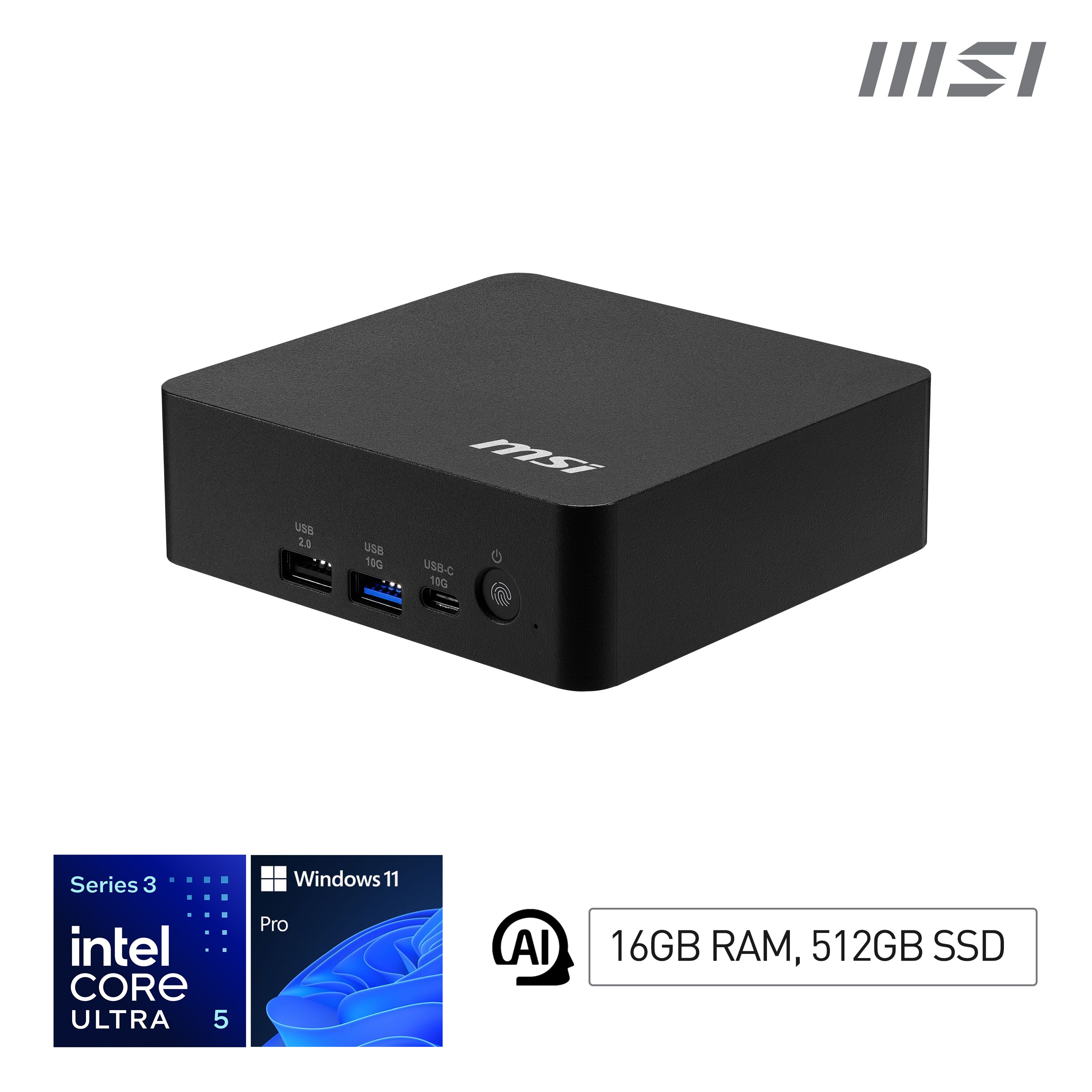 MSI Cubi NUC AI+ 3MG-004EU Copilot+ PC Intel Core Ultra 5 322 16 GB DDR5-SDRAM 512 GB SSD Windows 11 Pro Mini PC Zwart