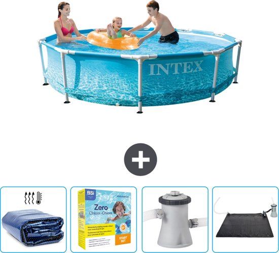 Intex Rond Frame Zwembad - 305 x 76 cm - Waterprint - Inclusief Solarzeil - Onderhoudspakket - Zwembadfilterpomp - Solar Mat