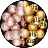 Decoris Kleine kerstballen - 32x st - goud en lichtroze - D4 cm - plastic - kerstversiering