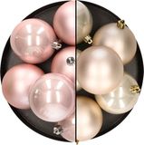 Merkloos / Sans marque Kaemingk B.V. 12x stuks kunststof kerstballen 8 cm mix van lichtroze en champagne