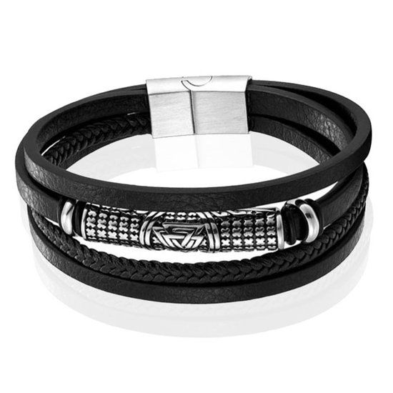 Mendes Jewelry Heren Armband - Zwart Leer met Zilveren Accent - 19cm