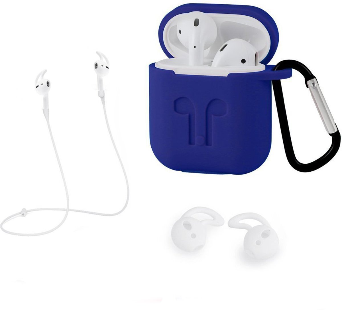 Jales 3 in 1 set Airpods hoesje siliconen case cover beschermhoes + strap + earhoox voor Apple Airpods - royal blauw