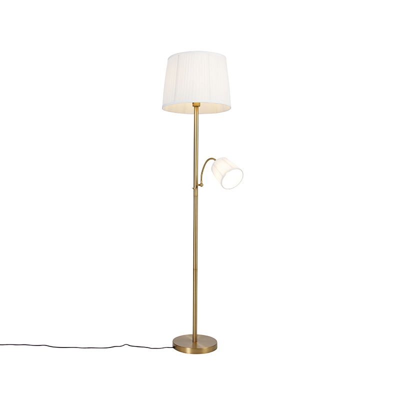 QAZQA Klassieke vloerlamp brons met witte kap en leeslampje - Retro