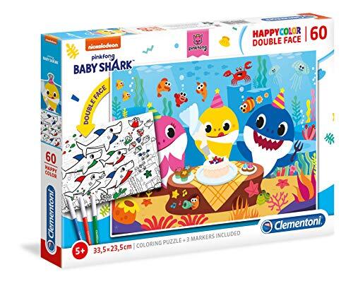 Clementoni - 26095 - Supercolor Puzzel - Baby Shark - Double Face Coloring - 60 delen - Made in Italy - Kinderpuzzel om in te kleuren, 5 jaar +