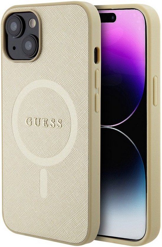 Guess Saffiano Back Case for Apple iPhone 15 Plus - Gold - MagSafe Compatible