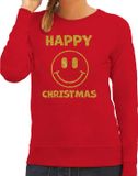Bellatio Decorations Foute Kersttrui Dames - Happy Christmas - Rood - Glitter Goud - Smile / Emoticon - Maat L