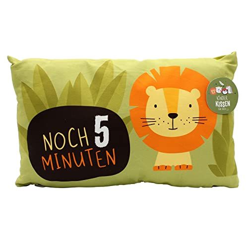 Dekohelden24 Kinderknuffelkussen met leeuw/opschrift - 5 minuten - / L/B/H ca. 40 x 13 x 23 cm, 100% katoen