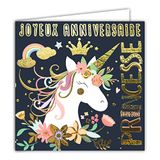 Vierkante Afie Vierkante kaart goud Joyeux verjaardag prinses eenhoorn regenboog kroon bloemen