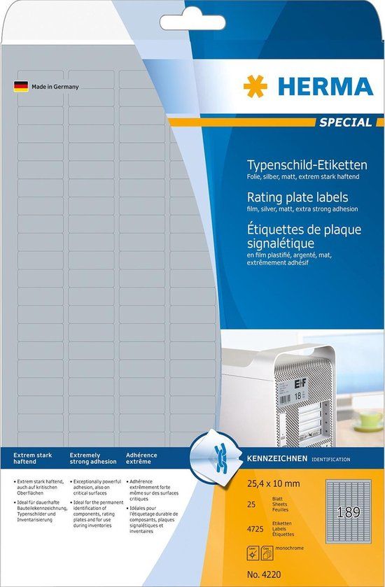 Merkloos HERMA 4220 naamplaatjes etiketten, 25,4 x 10 mm, 25 vel, 4725 stuks, Zilver