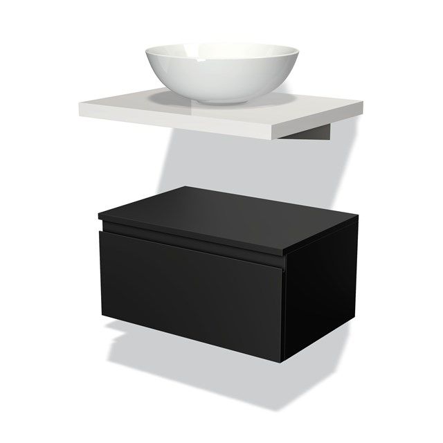 Maxaro Badkamermeubel voor Waskom 60 cm Modulo Plato Mat Zwart 1 Lade Greeploos Hoogglans Wit Blad