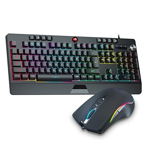 EXHNLE Gamingtoetsenbord en muis Combo Regenboog LED Backlit USB Bedraad Toetsenbord met Muizen 104 Key Layout Mechanisch Voel Honingraat Muizen voor Gamer Laptop (Kleur: Zwart)