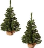 Kaemingk B.V. Set de 2x pièces de petits sapins de Noël pleins en sac de jute 60 cm - Sapins artificiels / arbres artificiels