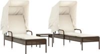 vidaXL Lits de jardin - 2 pièces - avec auvents et table - poly rotin - marron