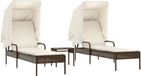vidaXL Ligbedden - 2 stuks - met luifels en tafel - poly rotan - bruin