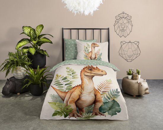 Good Morning dekbedovertrek dino - 1 persoons 140x200/220 cm - Groen - 100% Katoen renforce