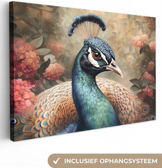 OneMillionCanvasses Canvas schilderij 150x100 cm - Pauw - Vogel - Bloemen - Wanddecoratie