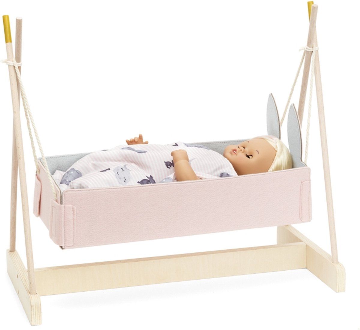Skrallan Houten Poppen Schommelwieg Bed Ledikant voor Pop - Wit/Roze