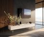 Meuble TV Cuor 200 cm Céramique Laminam® Travertino Bianco Crème-blanc 1 clapet 1 tiroir pied optique flottant verre acrylique