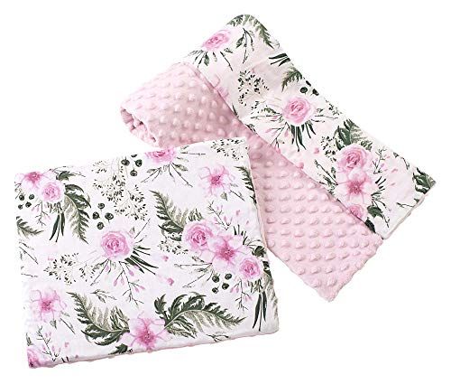 Medi Partners Babydeken kruipdeken met kussen 100% katoen MINKY kinderdeken 75x100 + 35x30cm roze bloem met lichtroze Minky