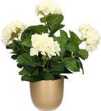 Mica Decorations Hortensia kunstplant/kunstbloemen 45 cm - wit - in pot goud glans - Kunst kamerplant