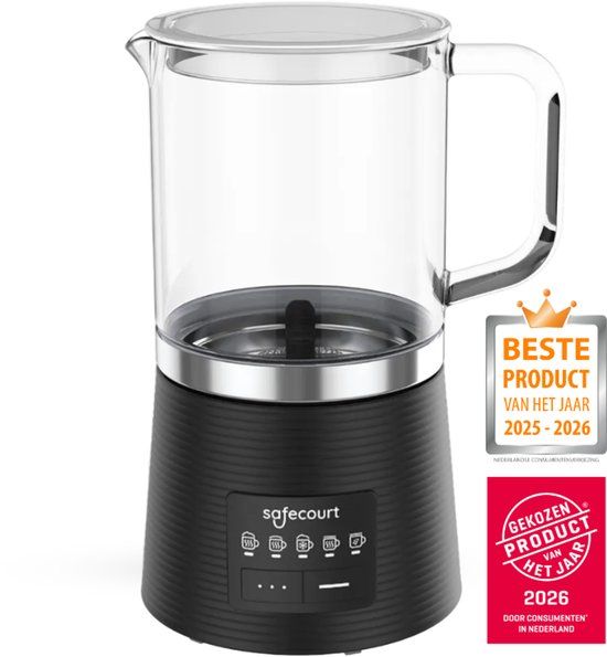 Safecourt Kitchen MF700-BK Electric Milk Frother - 500ml Glass Carafe, PFAS-Free, Dishwasher Safe - Black