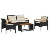 vidaXL 4-delige Loungeset met kussens, polyrattan, zwart