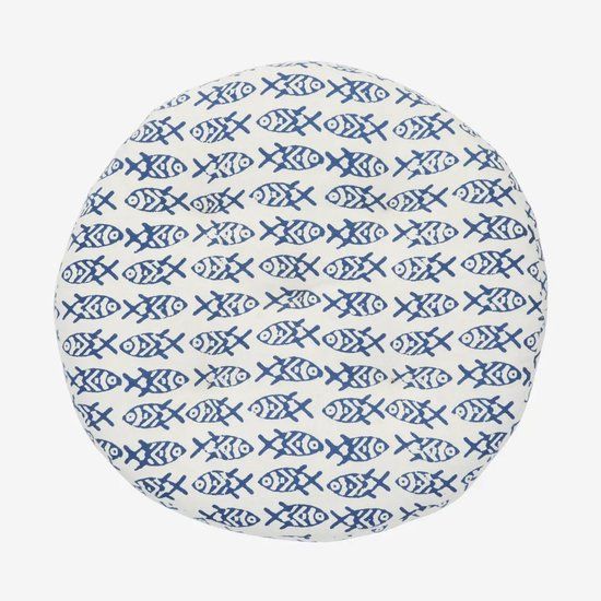 Madam Stoltz Rond Stoelkussen 45 cm Katoen Wit met Blauwe Vissen