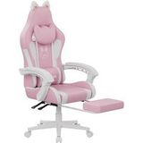 Gamingstoel met kattenoren, bureaustoel met ergonomische voetsteun, massagefunctie voor de onderrug, verstelbare rugleuning (90-135°), roze en wit