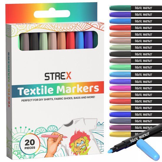 Strex Textielstiften - 20 Kleuren - Textielmarkers voor Kleding - 20 Stuks