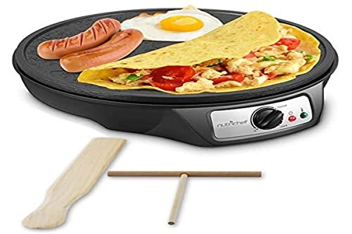 NUTRICHEF Elektrische bakplaat crêpe maker kookplaat - non-stick 12 inch aluminium kookplaat met led-indicatielampjes - houten spatel en beslagspreider inbegrepen - PCRM12EU