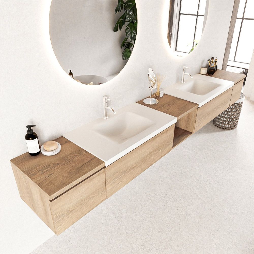 Mondiaz Bukla badmeubel 280 cm - Washed Oak & Talc - 4 lades en 2 kraangaten