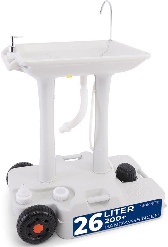SereneLife Draagbare Camping Wastafel - Handdoekhouder & Zeepdispenser - Handwasbakstandaard met Wieltjes - Wit