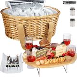 Hap Tim Set de panier de pique-nique en rotin pour 4 personnes avec mini table de pique-nique à vin pliable et grand sac isotherme et service de couverts pour 4 personnes