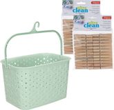 Merkloos / Sans marque Plastic Forte Wasknijpersmandje met ophanghaak - mintgroen - en 48x houten wasknijpers 7 cm
